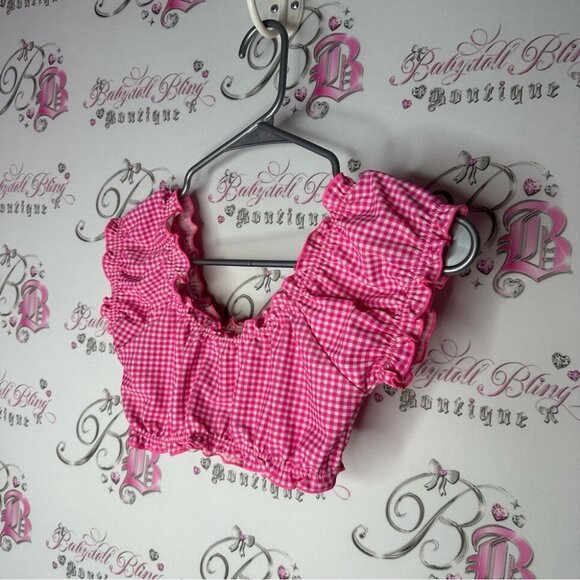 Tank crop milkmaid style bathing suit material pink Gingham Babydoll Top - Picture 3 of 6